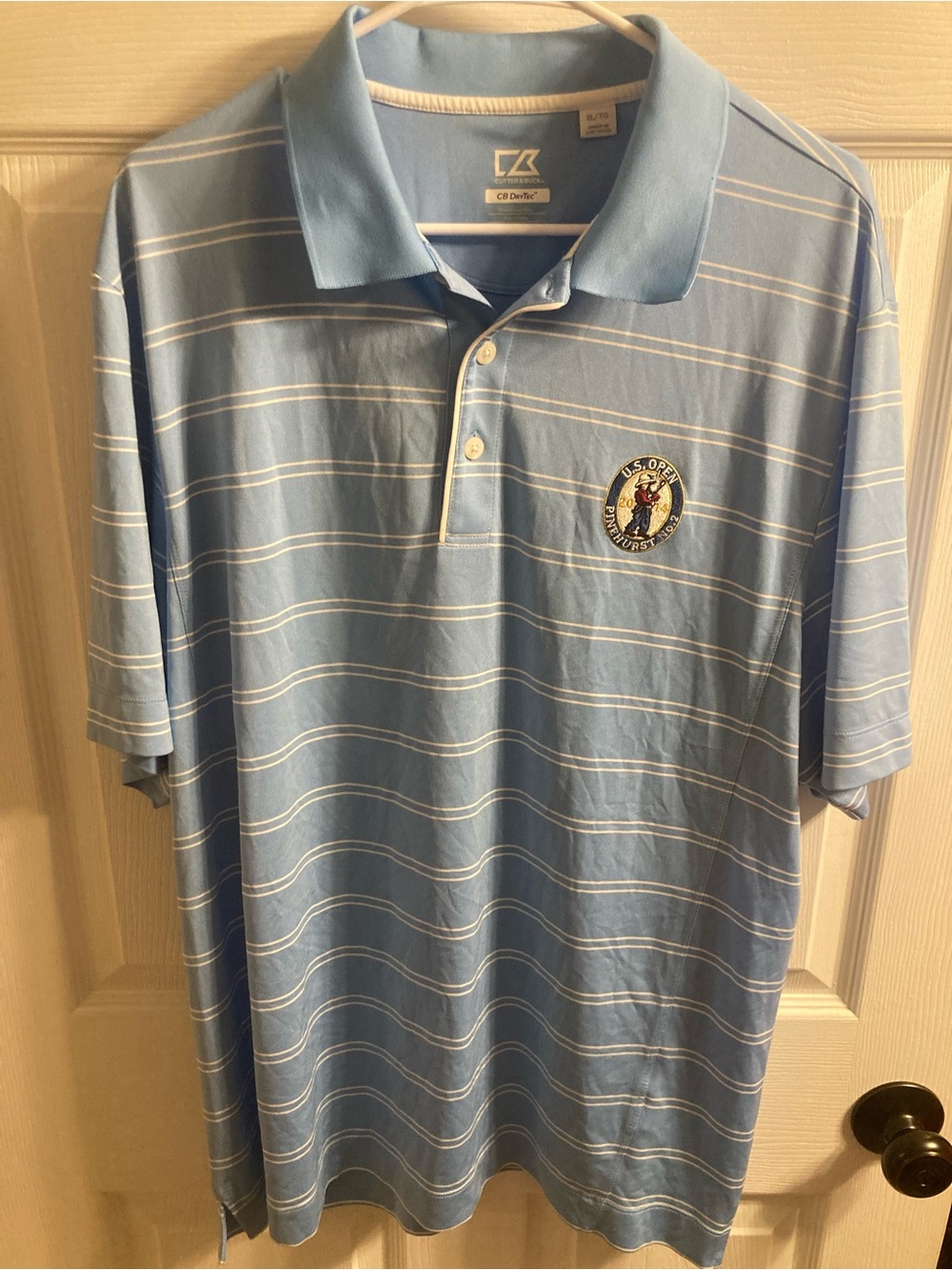 Cutter & Buck Light Blue and White Striped Polo - U.S. Open 2014 Pinehurst Crest